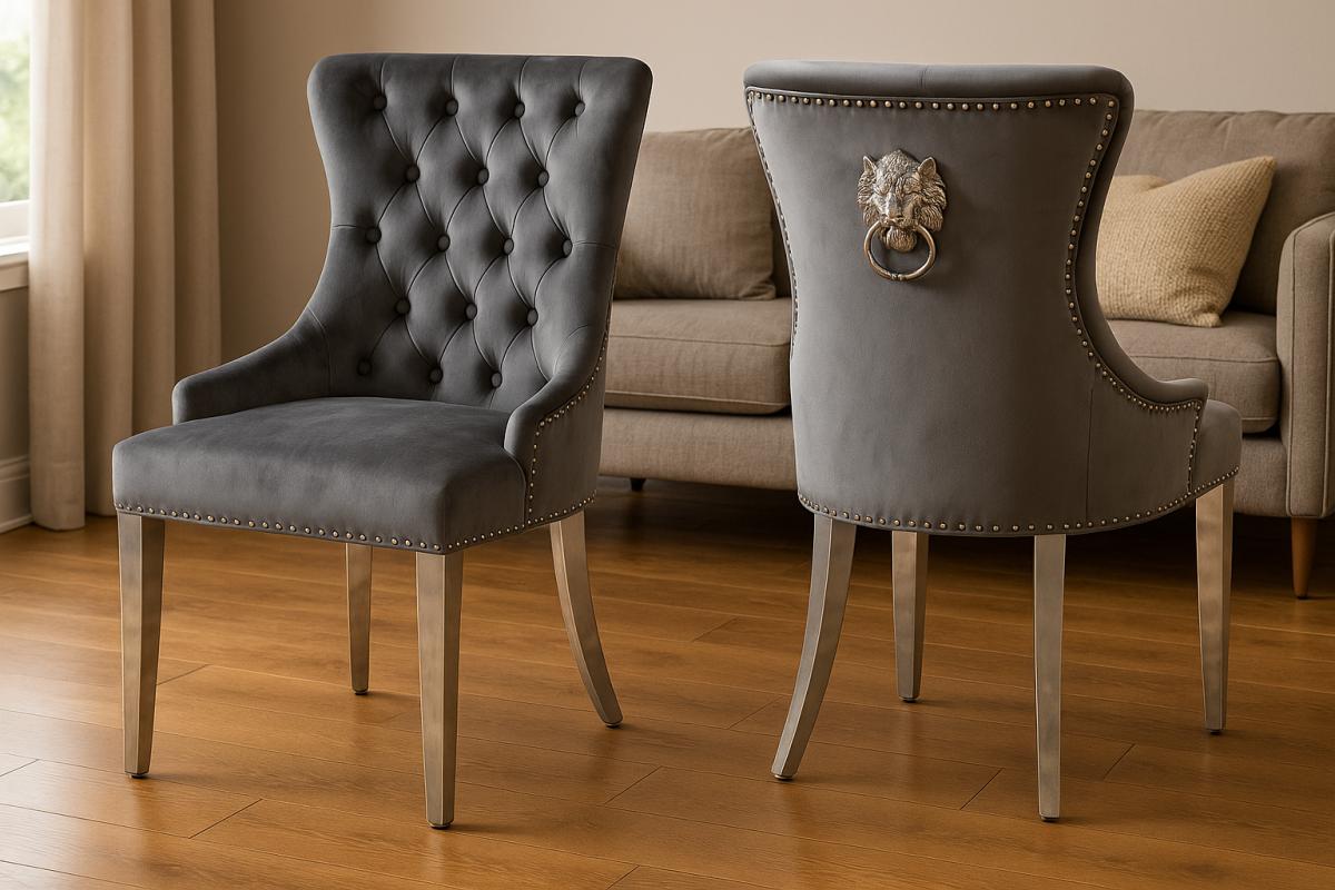 Chelsea 01 Chair (Lion Knocker/Chrome Legs) — Dining Chairs handmade to order by Langham Furniture, image 1 of 22